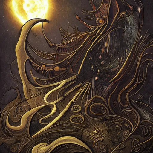 Prompt: art nouveau solar eclipse, chaos, night, rot, blood, epic art, dark souls, highly detailed and intricate, trending on artstation