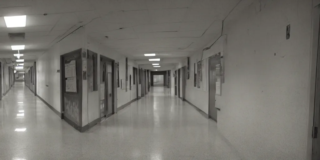 Prompt: a dimly lit, empty school hallway