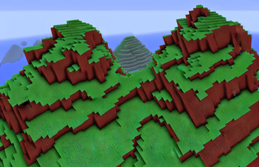 Image similar to realistic mountain in minecraft, hd, rtx enabled, shaders on