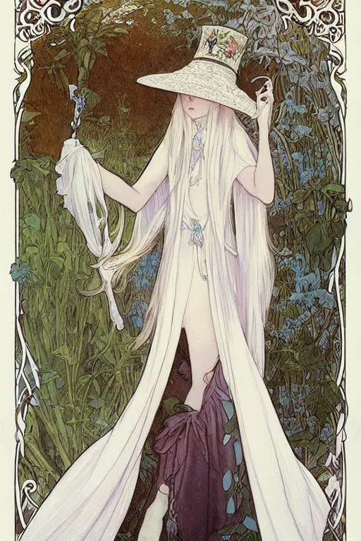 Prompt: Character design of a pure white witch in big witch‘s hat and cape from the Garden of Eden by mucha and range murata