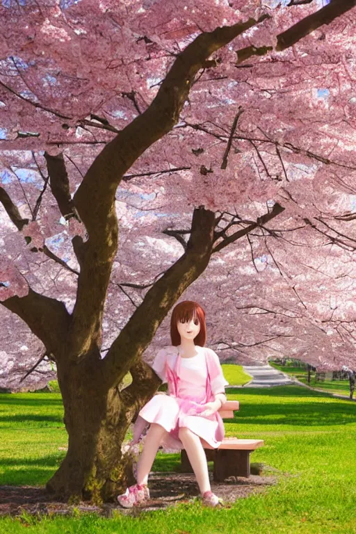 Image similar to anime girl sitting on a bench, highly accurate and proportional, spring time, cherry blossom in the background