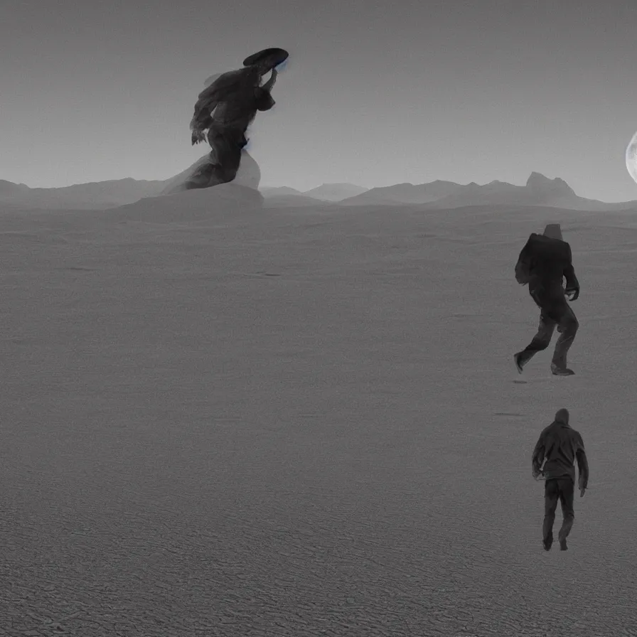 Image similar to a surreal landscape of a frightened man chased by ghosts in a vast desert lit by two scary moons