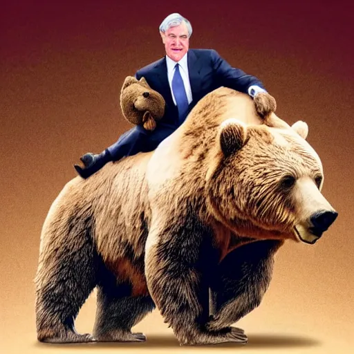 Image similar to photo of jerome powell riding on top of a bear, epic pose