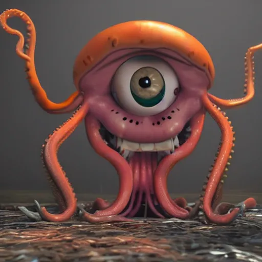 Image similar to ominous mr krabs from (spongebob) staring into your soul with realistic, slimy, tentacles made of flesh in background, scary, rendered in blender, horror, gloomy, dark, terrifying, terror, frightful, super detailed octane render,