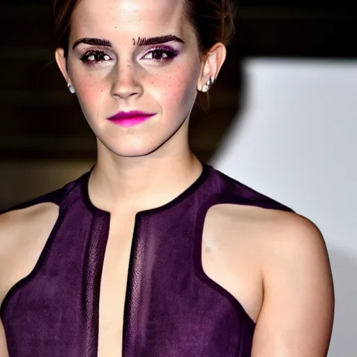 Image similar to Emma Watson with glowing purple eyes