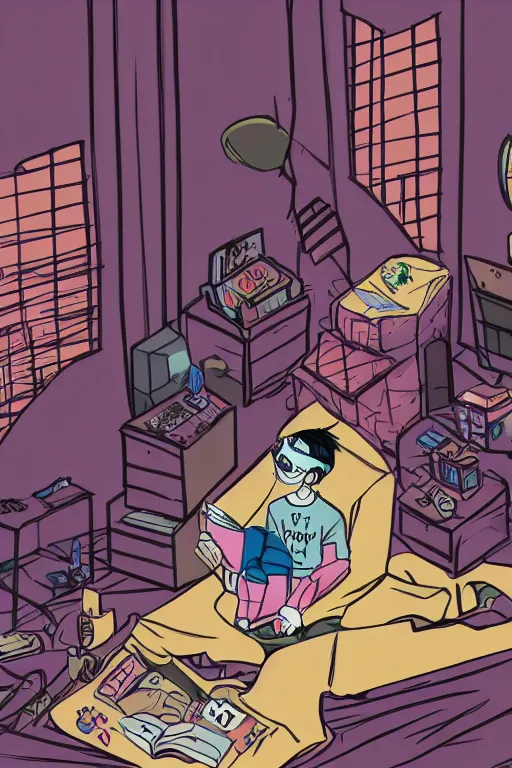 Image similar to goth guy sitting on the floor of a cluttered 9 0 s bedroom reading a book, vaporwave colors, lo - fi, concept art, smooth, detailed, toon shading, cel shading, animation, 4 k, hd,