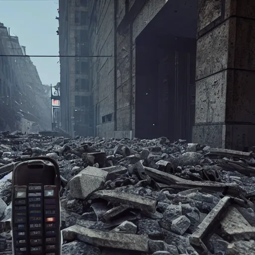 Image similar to a walkie - talkie lies on the ground in rubble, macro perspective of the walkie - talkie, intricate details, dark interior of an old corridor, horrible angry zombies in the background, 8 k hyperdetailed, unreal engine, octane render, style of gta v artworks