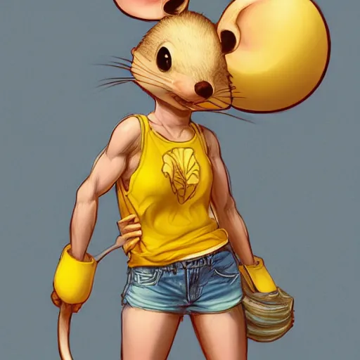 Image similar to anthropomorphic mouse wearing denim short shorts and yellow tank top, highly detailed, artgerm style, artstation, soft light, sharp focus, illustration, character design, concept art