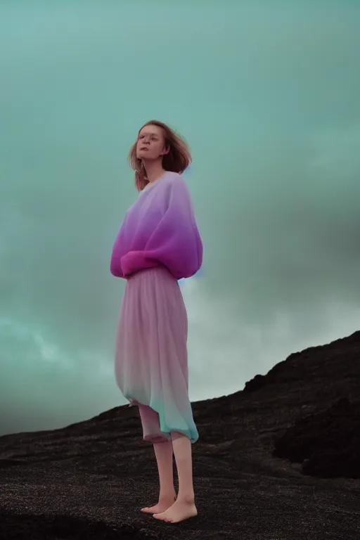 Image similar to high quality pastel coloured film close up wide angle photograph of a model wearing clothing resting on cloud furniture in a icelandic black rock!! environment in a partially haze filled dreamstate world. three point light, rainbow. photographic production. art directed. pastel colours. volumetric clouds. pastel gradient overlay. waves glitch artefacts. extreme facial clarity. 8 k. filmic.