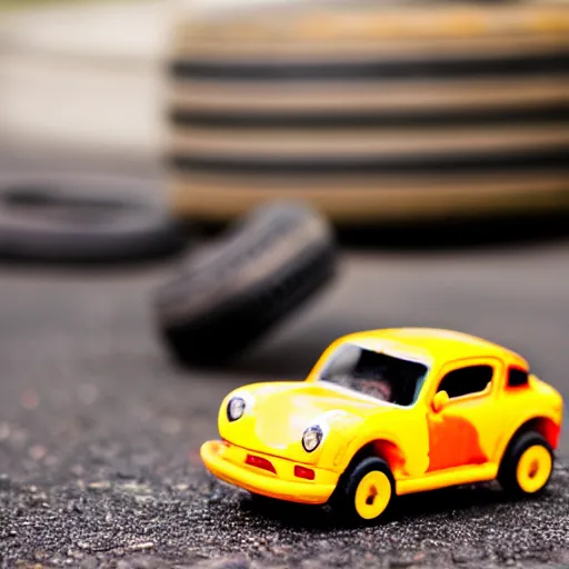 Prompt: toy car next to a tire, bokeh