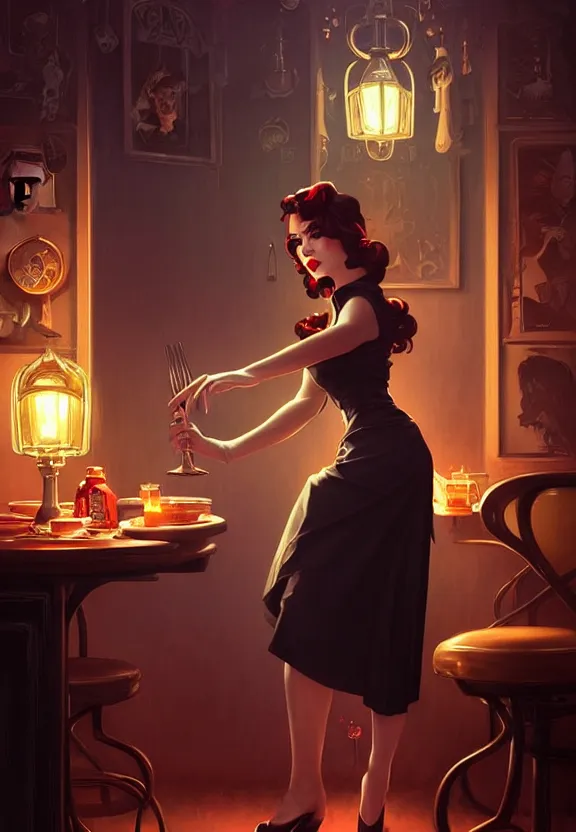 Image similar to Necromancer waitress of a small 50’s style diner, fantasy magic, dark pin-up style hair, dark light night, intricate, elegant, sharp focus, illustration, highly detailed, digital painting, concept art, matte, art by WLOP and Artgerm and Greg Rutkowski and Alphonse Mucha, masterpiece