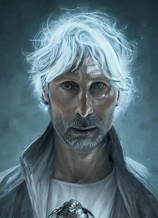 Image similar to Portrait of Mads Mikkelsen as a hexblade warlock aasimar, white glowing eyes, silver shaggy hair, short scruffy beard, cloak, teal ethereal tendril wings, male, fantasy, extremely detailed, digital painting, artstation, concept art, smooth, sharp focus, illustration, stunning lighting, art by artgerm and greg rutkowski and alphonse mucha and simon stalenhag, realistic character concept, high fantasy, light atmosphere, golden ratio, cinematic lighting, hyperdetailed, high resolution, insanely detailed and intricate, artstation, Marc Simonetti, Greg Rutkowski