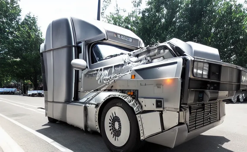 Prompt: a time-traveling delorean styled semi truck