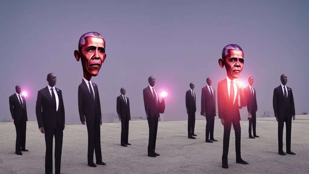 Image similar to vampire Obama clones carrying an Obama god head ; render by Beeple, 4K