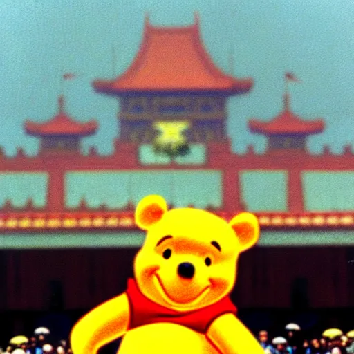 Image similar to grainy photo of winnie the pooh in tiananmen square, tanks