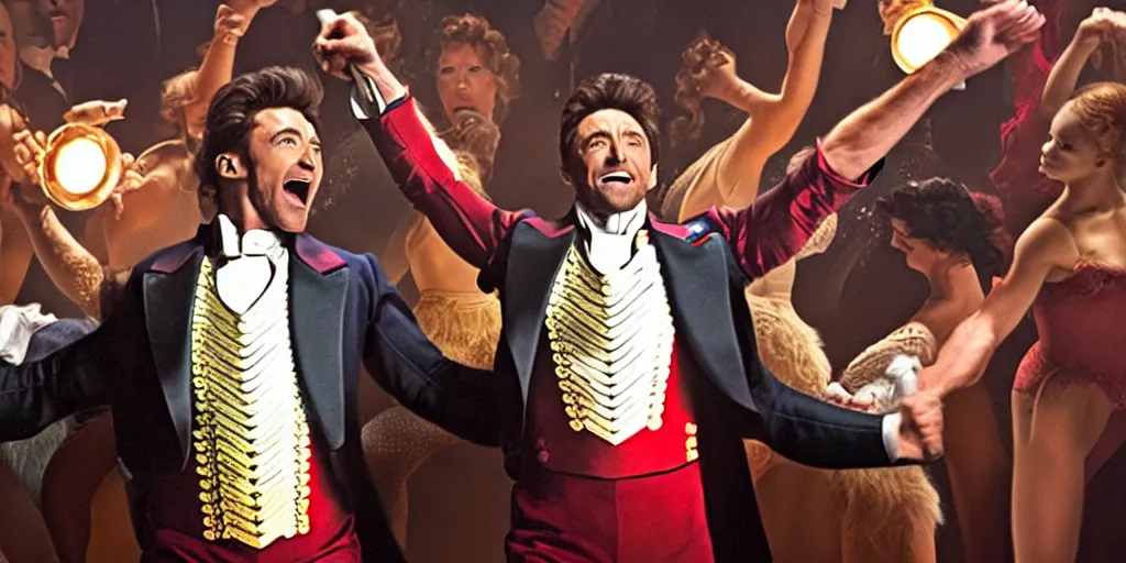 Image similar to Hugh Jackman in Greatest Showman standing 6 feet from a plink fluffy furry monster making silly faces on a stage with spotlights, movie still