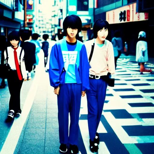 Prompt: ! dream japanese teenagers male and female, street photography in the 8 0 s, blue scheme, economic boom, punks, highly realistic, photography, highly detailed, cinematic lighting, tokyo, fashion, wearing sony walkman and headphones