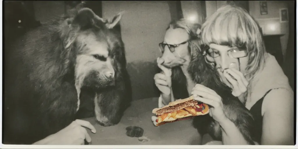 Prompt: A green dog eating hambugers while talking to his friend john, 1978 polaroid , 35mm