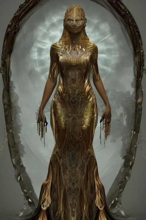 Image similar to a realistic moody photo of a beautiful ancient alien woman goddess kate moss durga standing in iris van herpen dress jewelery and fractals in style of alphonse mucha art nuvo dmt trending on artstation made in unreal engine 4