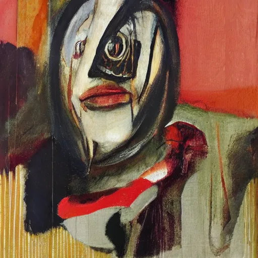 Prompt: abstract portrait by Francis Bacon, contemporary art, raw and unsettling imagery