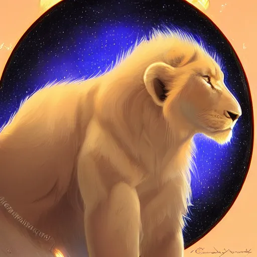 Image similar to aesthetic portrait commission of a albino male furry anthro lion sleeping inside a holographic iridescent reflective bubble in the blue sky, cozy Atmosphere, hyperdetailed. Character design by charlie bowater, ross tran, artgerm, and makoto shinkai, detailed, inked, western comic book art, 2021 award winning painting