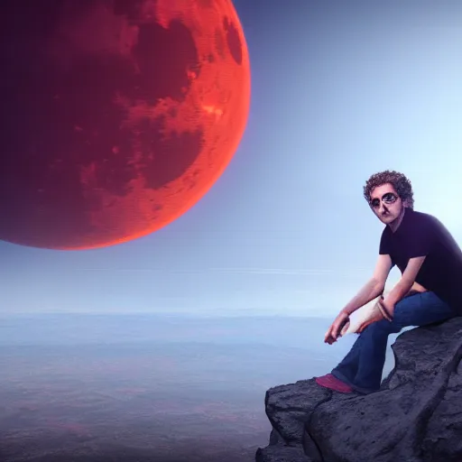 Image similar to gustavo cerati sitting on the red moon, digital art, matte painting, render unreal engine, highly detailed,