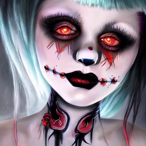 Image similar to goth clown girl, painting, highly detailed, artstation, realistic, beautiful, attractive