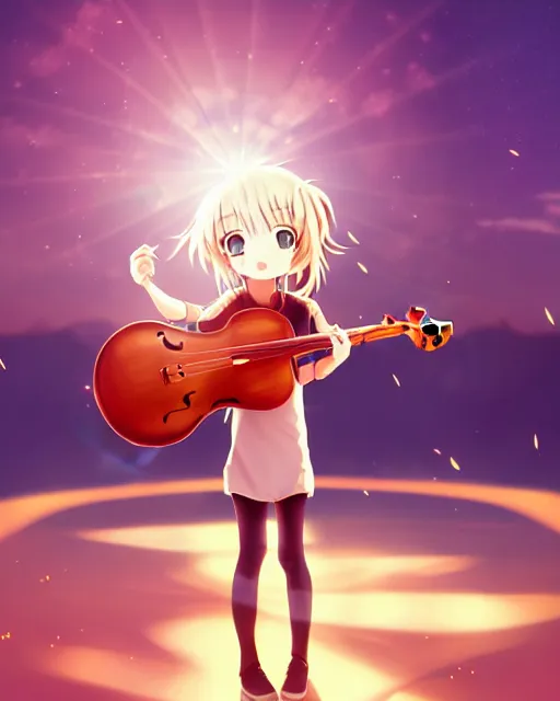 Image similar to anime style, realism, chibi, full body, a cute girl with white skin and golden long wavy hair holding a violin and playing a song, heavenly, stunning, realistic light and shadow effects, happy, centered, landscape shot, happy, simple background, studio ghibly makoto shinkai yuji yamaguchi