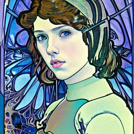 Prompt: realistic detailed face portrait of 14-year old Scarlett Johansson as Joan of Arc with a bob hairstyle wearing iridescent armor by Alphonse Mucha and Moebius, art nouveau