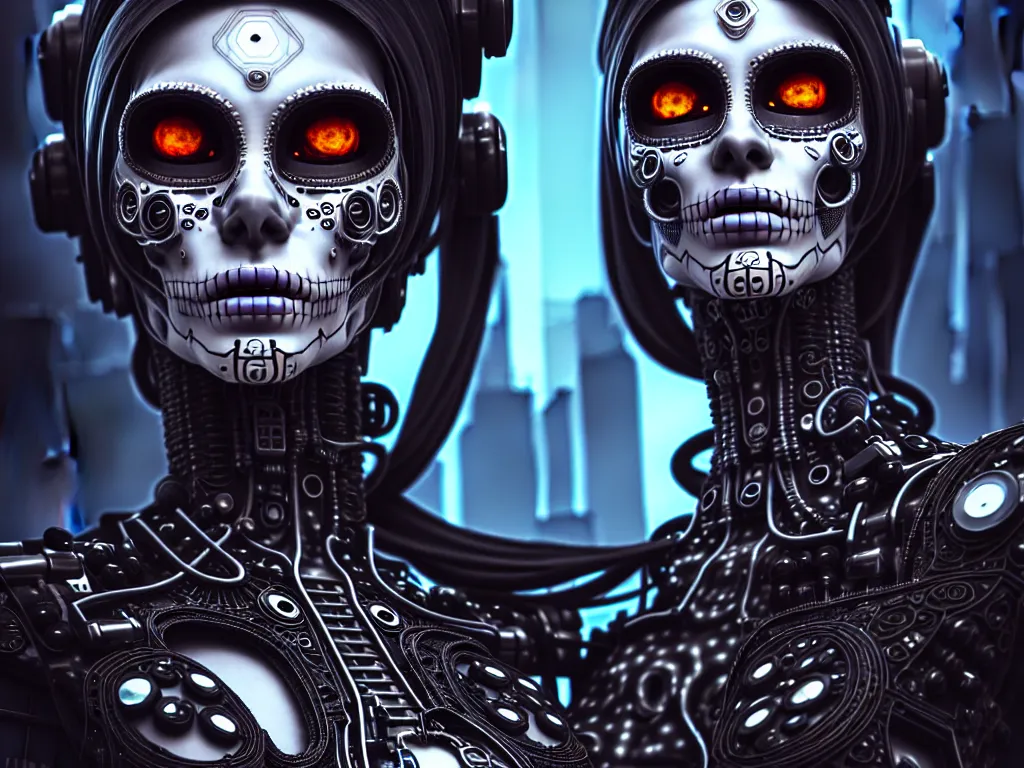 Image similar to ultra detailed, Mechanical Cyberpunk Female Android, dia de los muertos, cyberpunk, fantasy, intricate details, elegant, super highly detailed, professional digital painting, artstation, concept art, smooth, sharp focus, no blur, no dof, extreme illustration, Unreal Engine 5, Photorealism, HD quality, 8k resolution, cinema 4d, 3D, beautiful, cinematic, art by artgerm and michael welan and DZO and greg rutkowski and alphonse mucha and loish and WLOP