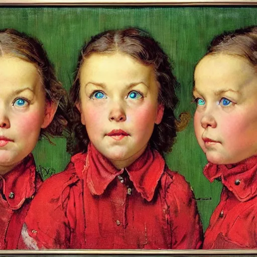 Prompt: Frontal portrait of women triplets with ice blue eyes. Painting by Norman Rockwell.