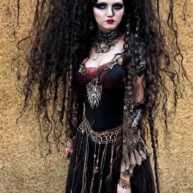 Prompt: ethereal beautiful woman with long curly hair in romany gypsy outfit, high detail, detailed dark eyeshadow, black dark aesthetic, fantasy, epic style