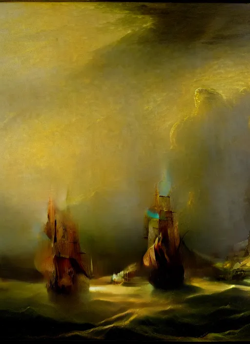 Prompt: an extremely detailed masterpiece of the sailing vessel bonhomme richard with canons discharging in early evening, in the style of j. m. w turner, epic scene, extremely moody lighting, glowing light and shadow, atmospheric, shadowy, cinematic, 4 k