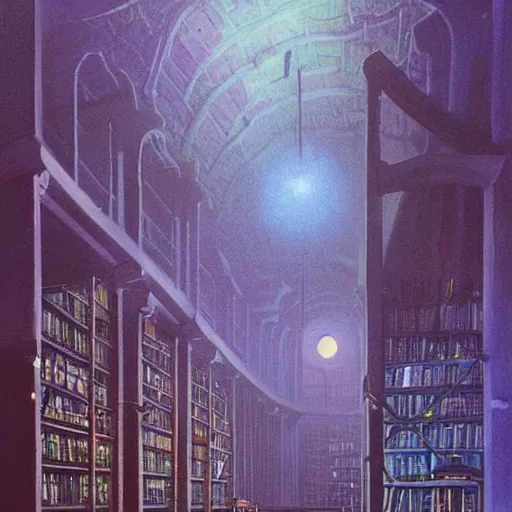 Prompt: a beautiful painting of a dimly lit underground library with blue and purple light sources by Bruce Pennington, German romanticism