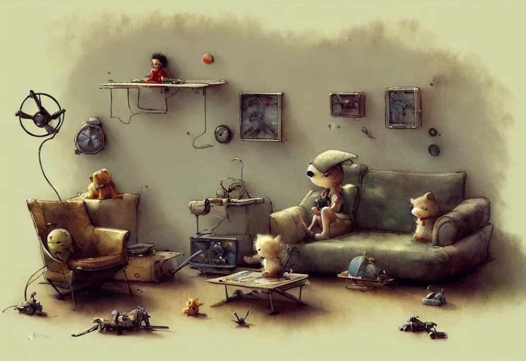 Prompt: adventurer ( ( ( ( ( 1 9 5 0 retro futuristic minimalistic living room. muted colors. toys laying around ) ) ) ) ) by jean baptiste monge