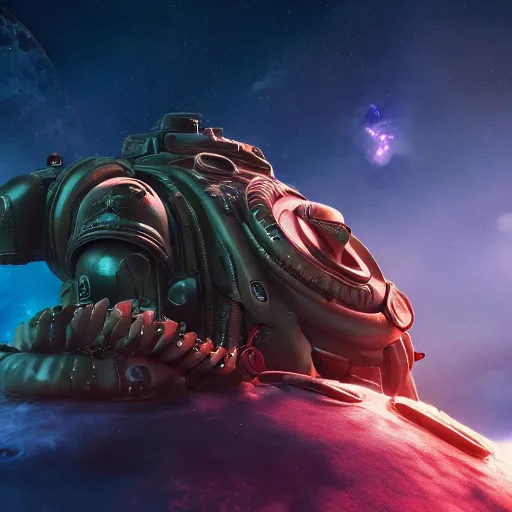 Image similar to An octopus wearing a spacemarine armor in outer space, spacecraft, nebula, octane render, 3d, unreal engine, highly detailed, 4k, 8k