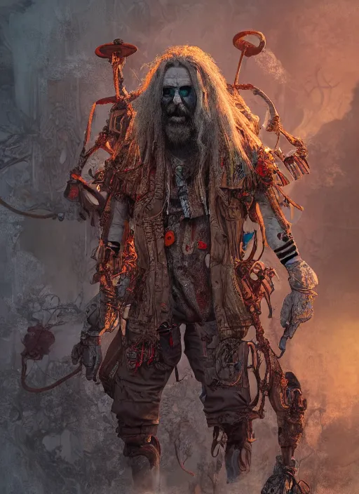 Image similar to detailed full body concept art, illustration matte painting, Rob Zombie pilot in full intricate colorful clothing, ultra detailed, digital art, octane render, 4K, dystopian, micro details