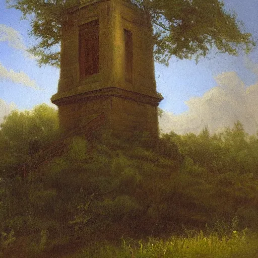 Prompt: Painting of the abandoned wizard\'s tower in the overgrown garden. Unknown Hudson River School artist.