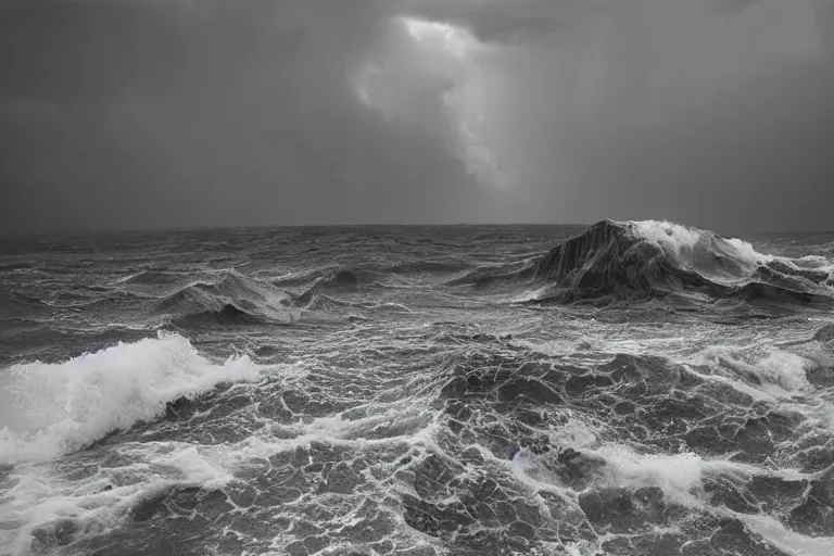 Image similar to high key lighting, lighting storm, danila tkachenko, shipwreck, photograph of an abandonet soviet building bloc in the middle of the ocean, big waves