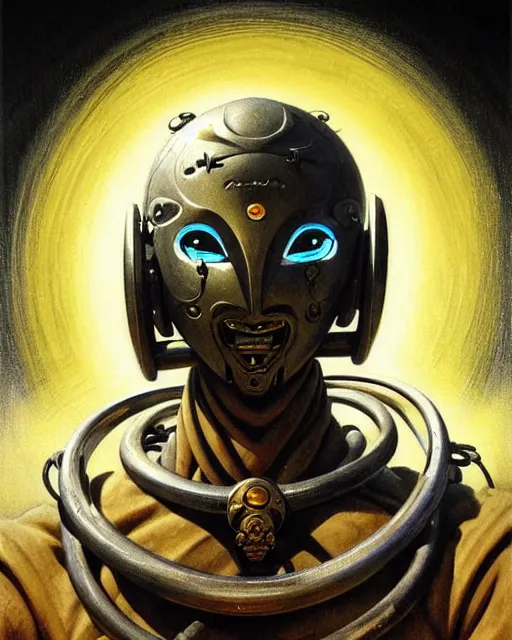 Image similar to zenyatta from overwatch, heavey metal magazine cover, character portrait, portrait, close up, concept art, intricate details, highly detailed, in the style of frank frazetta, r. giger, esteban maroto, richard corben, pepe moreno, matt howarth, stefano tamburini, tanino liberatore, luis royo and alex ebel