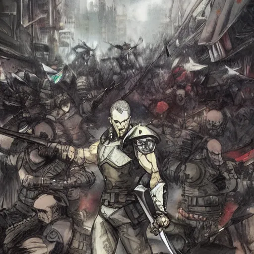 Prompt: one hero with sword looking at army of swordsmen in the background, in the middle of an arena, crowd of people, pencil art, straight, clear, added detail, high definiton, colored, backfacing, by yoji shinkawa