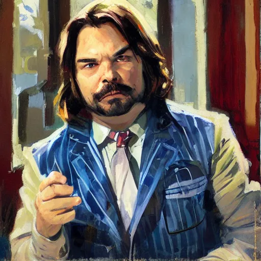 Image similar to a highly detailed beautiful portrait of matt berry as jackie daytona, by gregory manchess, james gurney, james jean