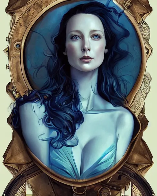 Image similar to in the style of joshua middleton, artgerm, beautiful caitriona balfe, steampunk, full body, blue dress, elegant pose, middle shot, spooky, symmetrical face, symmetrical eyes, detailed realisitc eyes, detailed realistic eyes, detailed and intricate