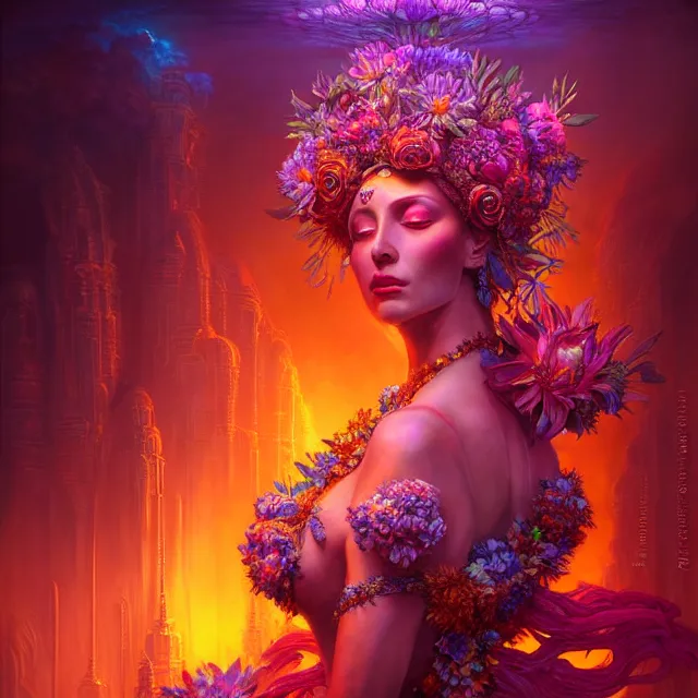 Image similar to Beautiful 3d render of the flower queen goddess in a sensual pose, atmospheric lighting, painted, intricate, volumetric lighting, beautiful, rich deep colours masterpiece, sharp focus, ultra detailed, in the style of Dan Mumford and marc simonetti, with a crowded futuristic cyberpunk city in the background, astrophotgraphy