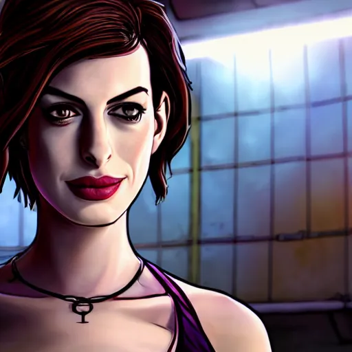 Image similar to anne hathaway portrait, borderlands, tales from the borderlands, the wolf among us, comic, cinematic lighting, studio quality, 8 k