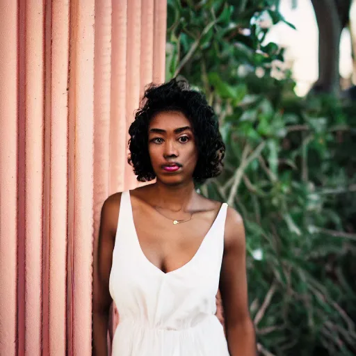 Image similar to portrait photograph of an elegant black woman wearing a sundress in Santa Monica. super resolution. 85 mm f1.8 lens.bokeh.graflex. Alessio albi