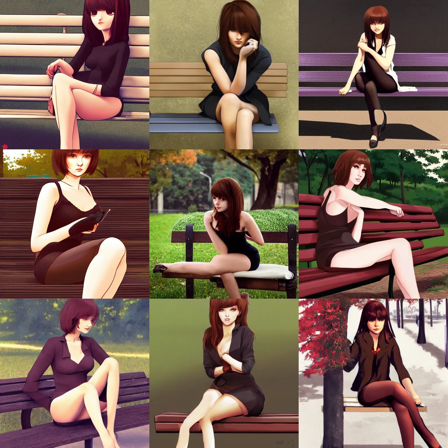 Prompt: sexy woman with brown hair sitting on a bench, in the style of the skilled and talented ilya kuvshinov