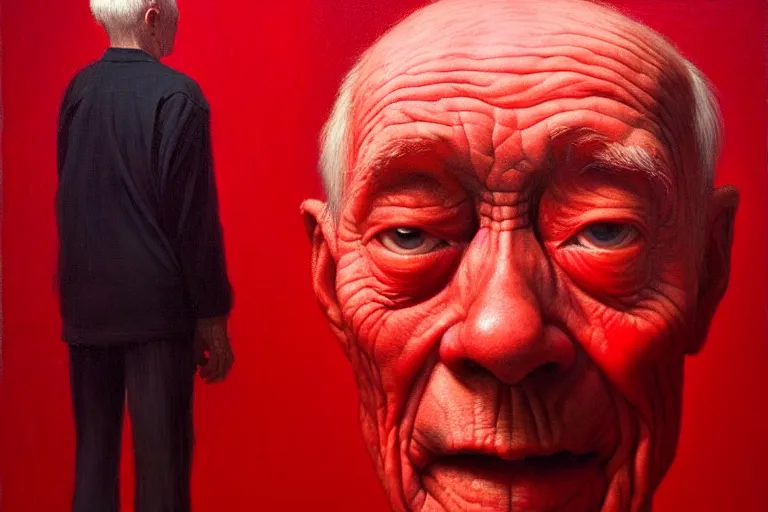 Image similar to only with red, a red old man try to sell a portrait, cheering crowd, in the style of beksinski, parts by edward hopper, parts by rodcenko, parts by yue minjun, intricate and epic composition, red by caravaggio, insanely quality, highly detailed, masterpiece, red light, artstation, 4 k