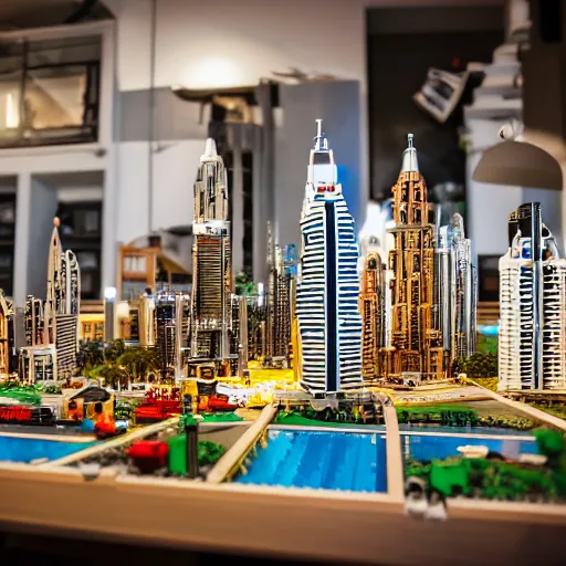 Image similar to detailed lego build of dubai on garage table, professional photo, professional lighting, HDR