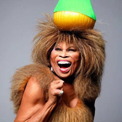 Image similar to tina turner in a turnip costume, turnip hair, photoshoot